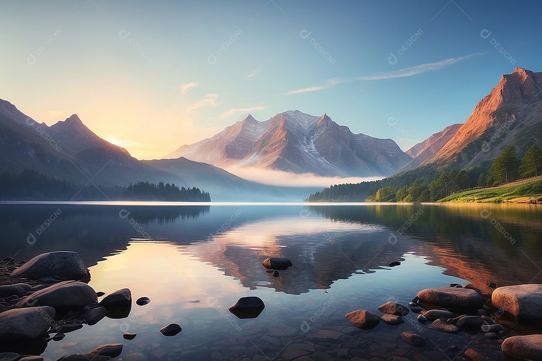 Linda paisagem oceano pacífico lago montanha nascer do sol