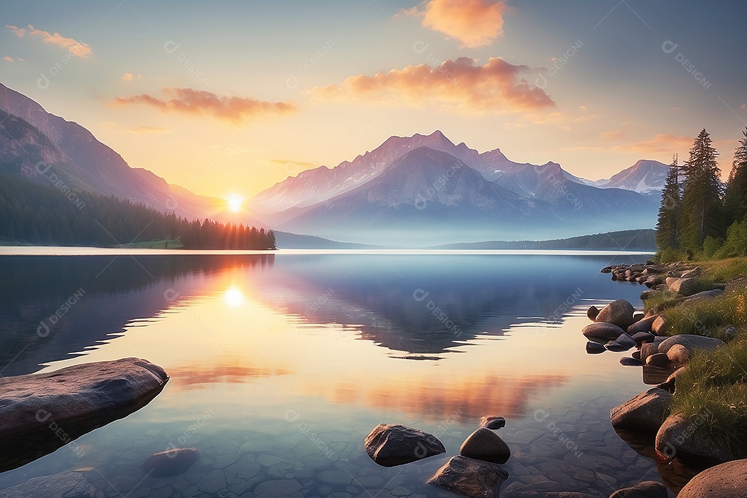 Linda paisagem oceano pacífico lago montanha nascer do sol
