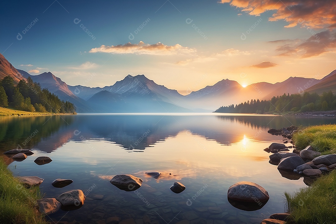 Linda paisagem oceano pacífico lago montanha nascer do sol
