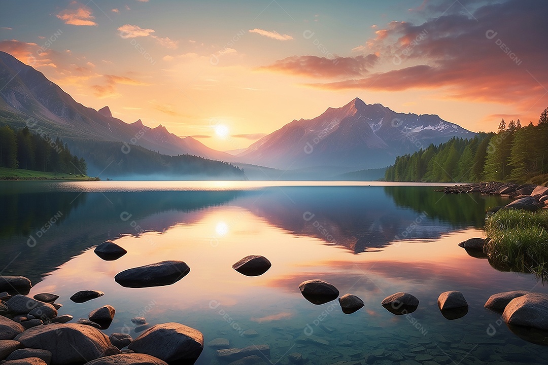 Linda paisagem oceano pacífico lago montanha nascer do sol