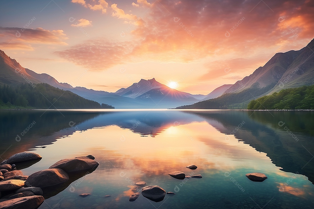 Linda paisagem oceano pacífico lago montanha nascer do sol