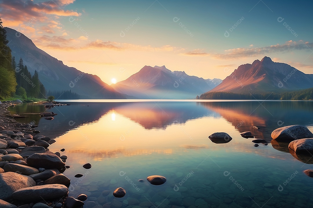 Linda paisagem oceano pacífico lago montanha nascer do sol