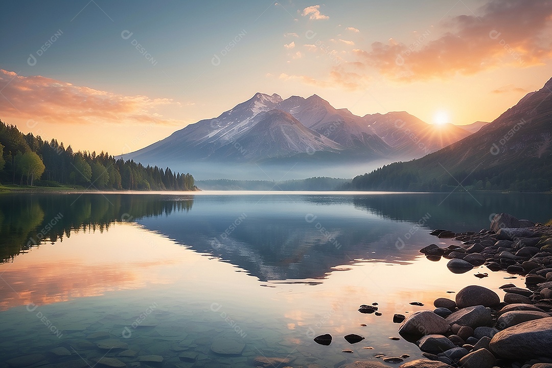 Linda paisagem oceano pacífico lago montanha nascer do sol