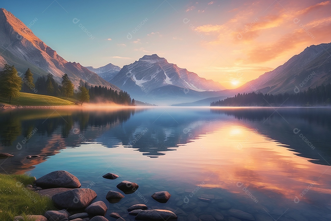 Linda paisagem oceano pacífico lago montanha nascer do sol