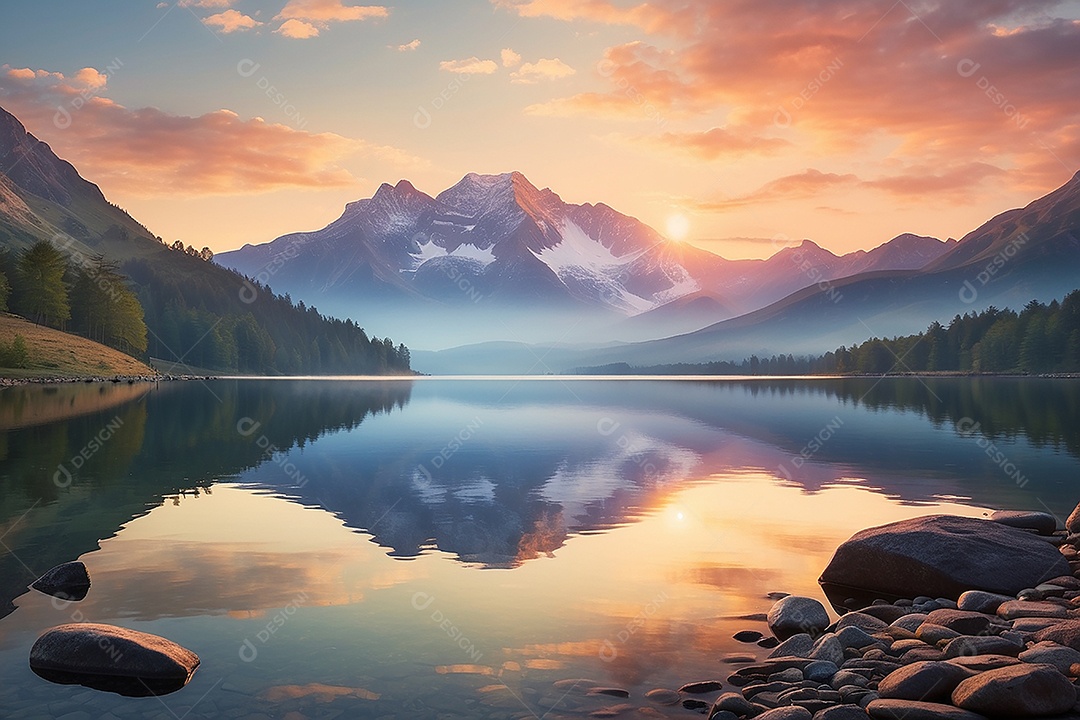 Linda paisagem oceano pacífico lago montanha nascer do sol