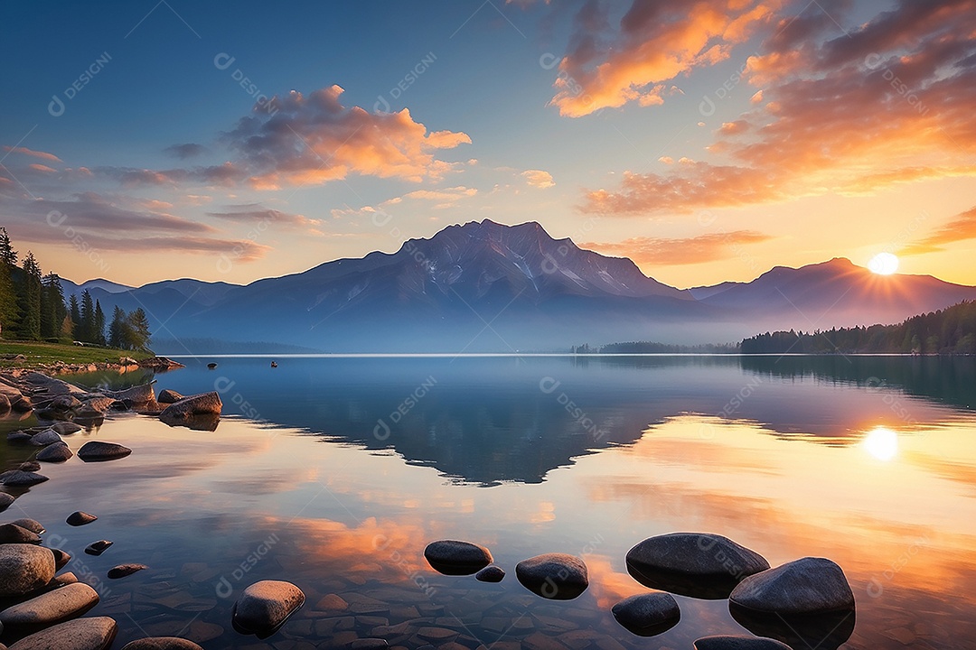 Linda paisagem oceano pacífico lago montanha nascer do sol