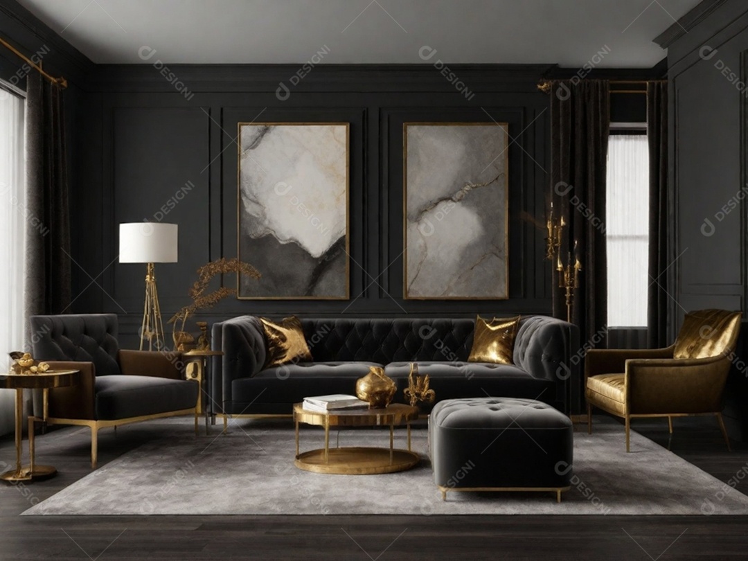 Combine paredes cinza escuro com texturas luxuosas como veludo, detalhes em latão e móveis de madeira rica para uma sala de estar ou quarto elegante e temperamental.