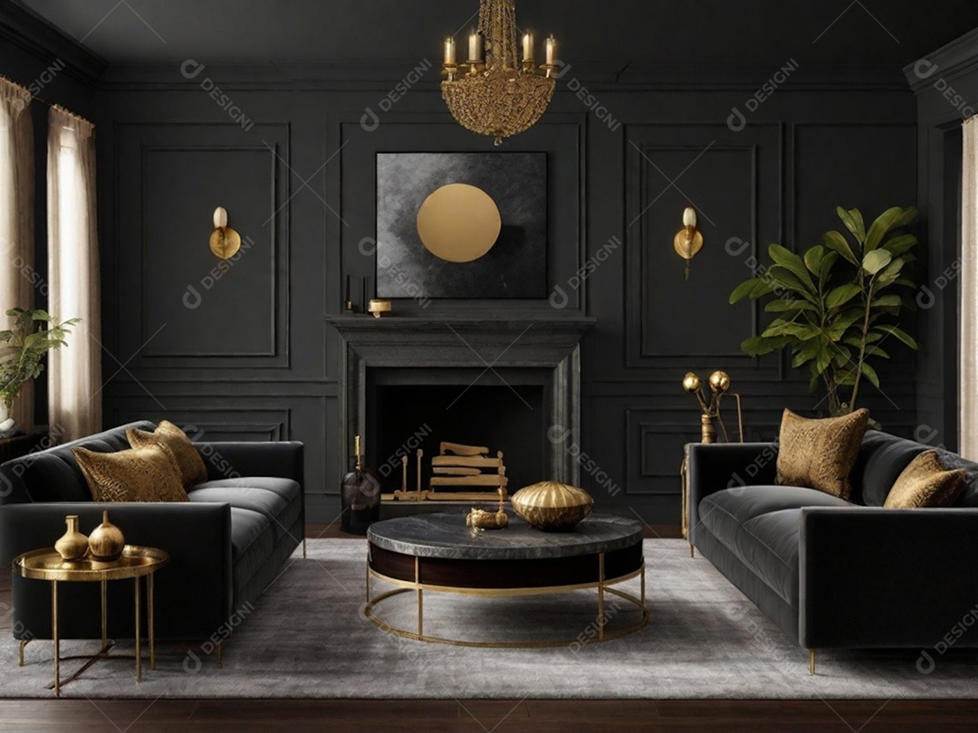 Combine paredes cinza escuro com texturas luxuosas como veludo, detalhes em latão e móveis de madeira rica para uma sala de estar ou quarto elegante e temperamental.