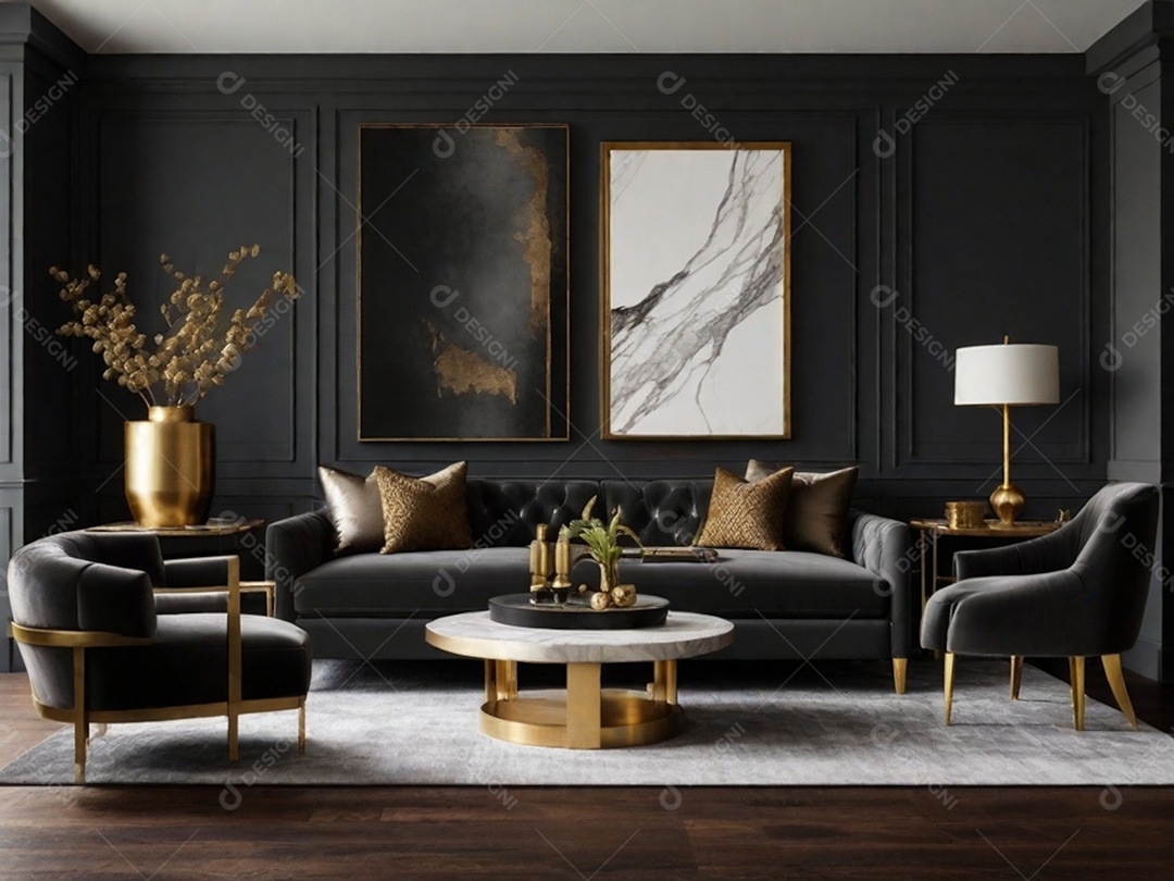 Combine paredes cinza escuro com texturas luxuosas como veludo, detalhes em latão e móveis de madeira rica para uma sala de estar ou quarto elegante e temperamental.