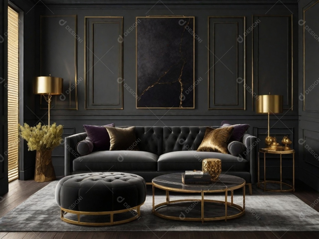 Combine paredes cinza escuro com texturas luxuosas como veludo, detalhes em latão e móveis de madeira rica para uma sala de estar ou quarto elegante e temperamental.