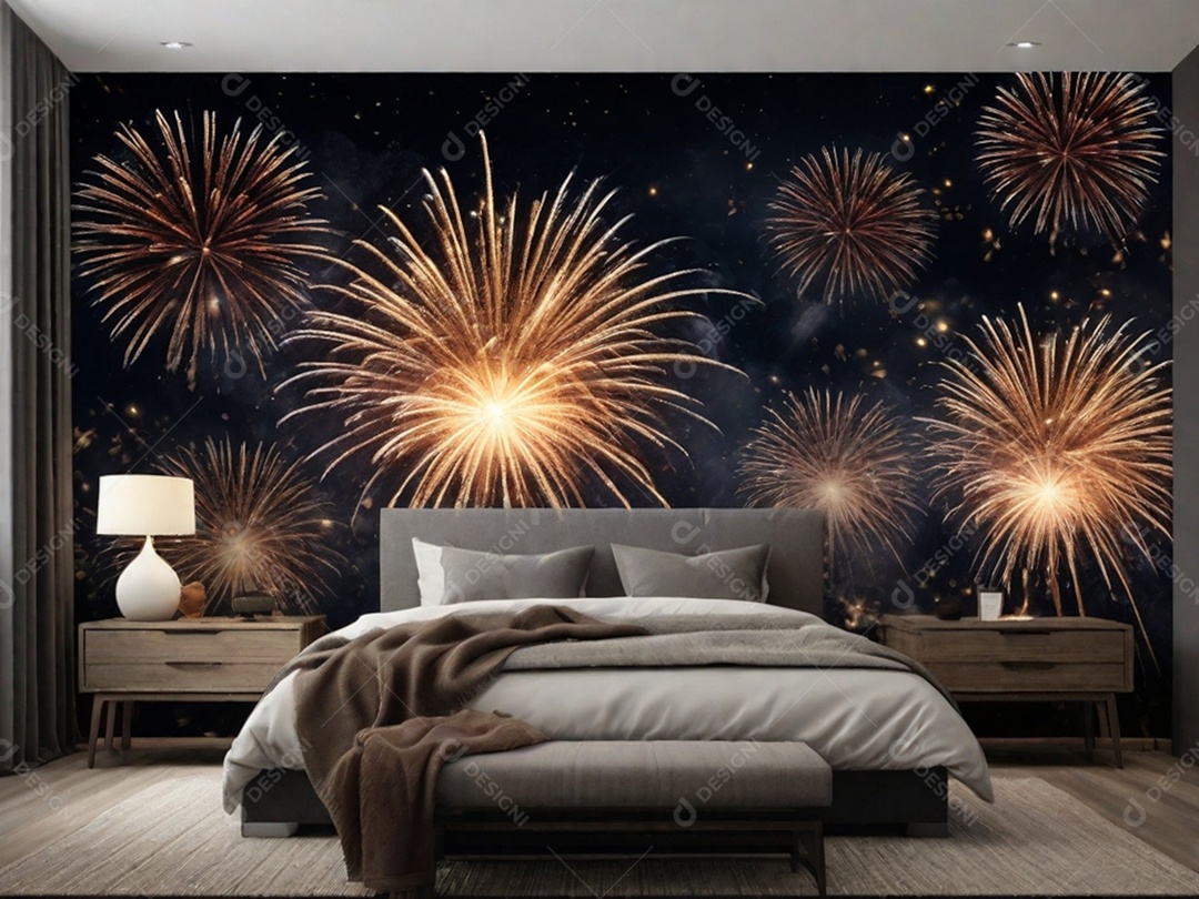 Retrate uma queima de fogos de tirar o fôlego contra um céu escuro como fundo da parede, simbolizando o grande final do ano.