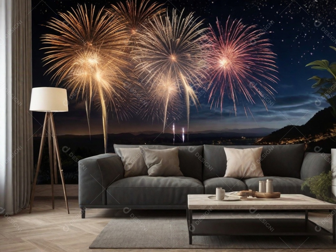 Retrate uma queima de fogos de tirar o fôlego contra um céu escuro como fundo da parede, simbolizando o grande final do ano.