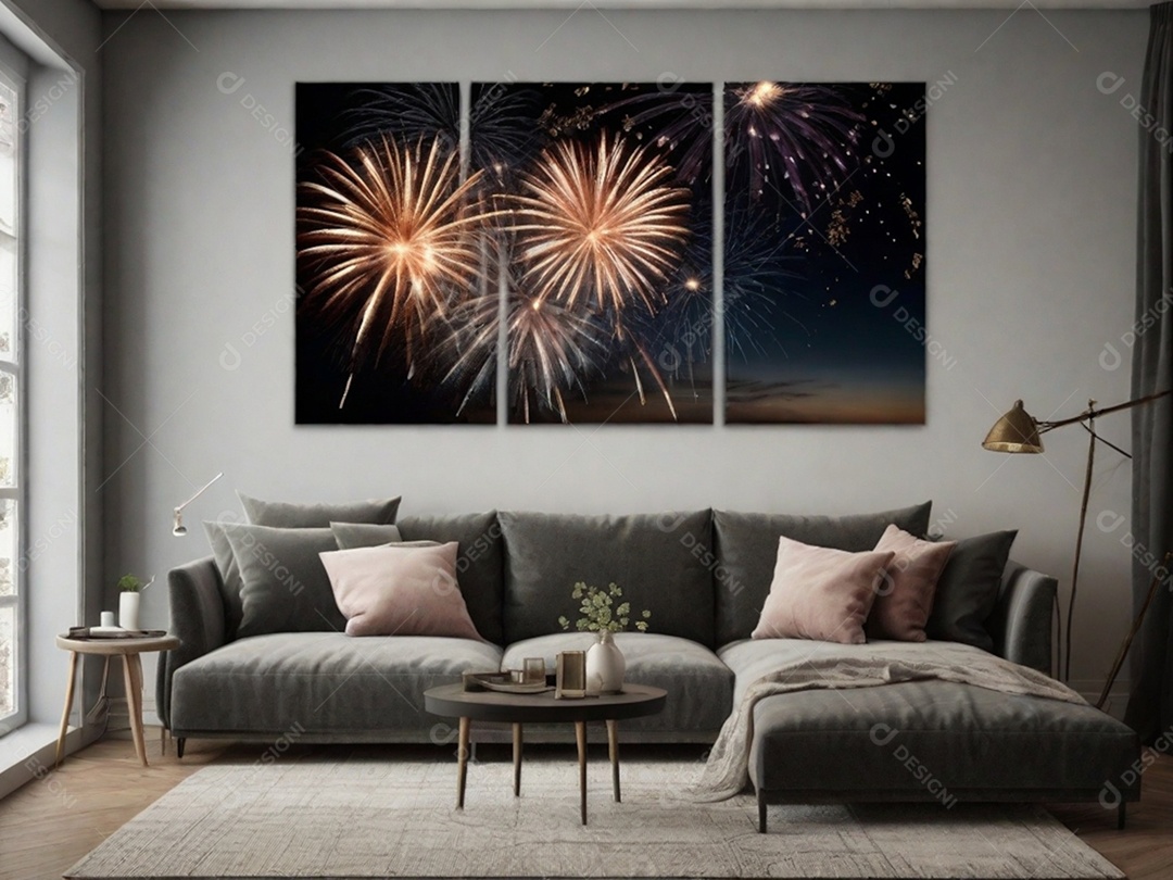 Retrate uma queima de fogos de tirar o fôlego contra um céu escuro como fundo da parede, simbolizando o grande final do ano.