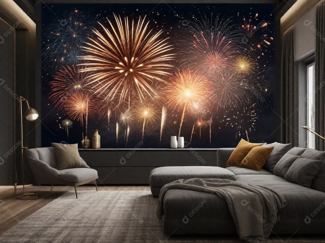 Retrate uma queima de fogos de tirar o fôlego contra um céu escuro como fundo da parede, simbolizando o grande final do ano.