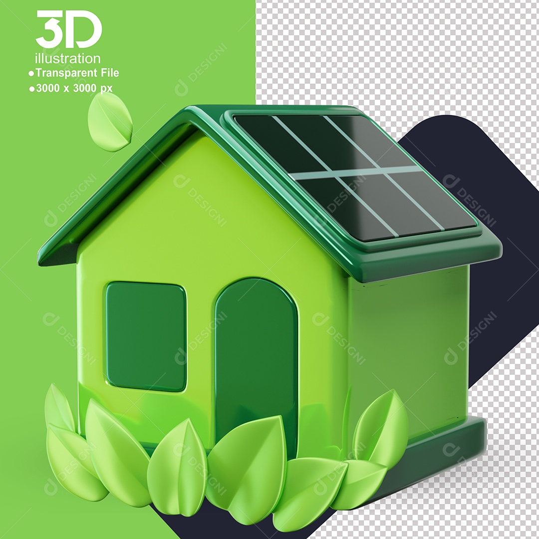 Casa Painel Solar e Folhas Elemento 3D de Sustentabilidade para Composição PSD