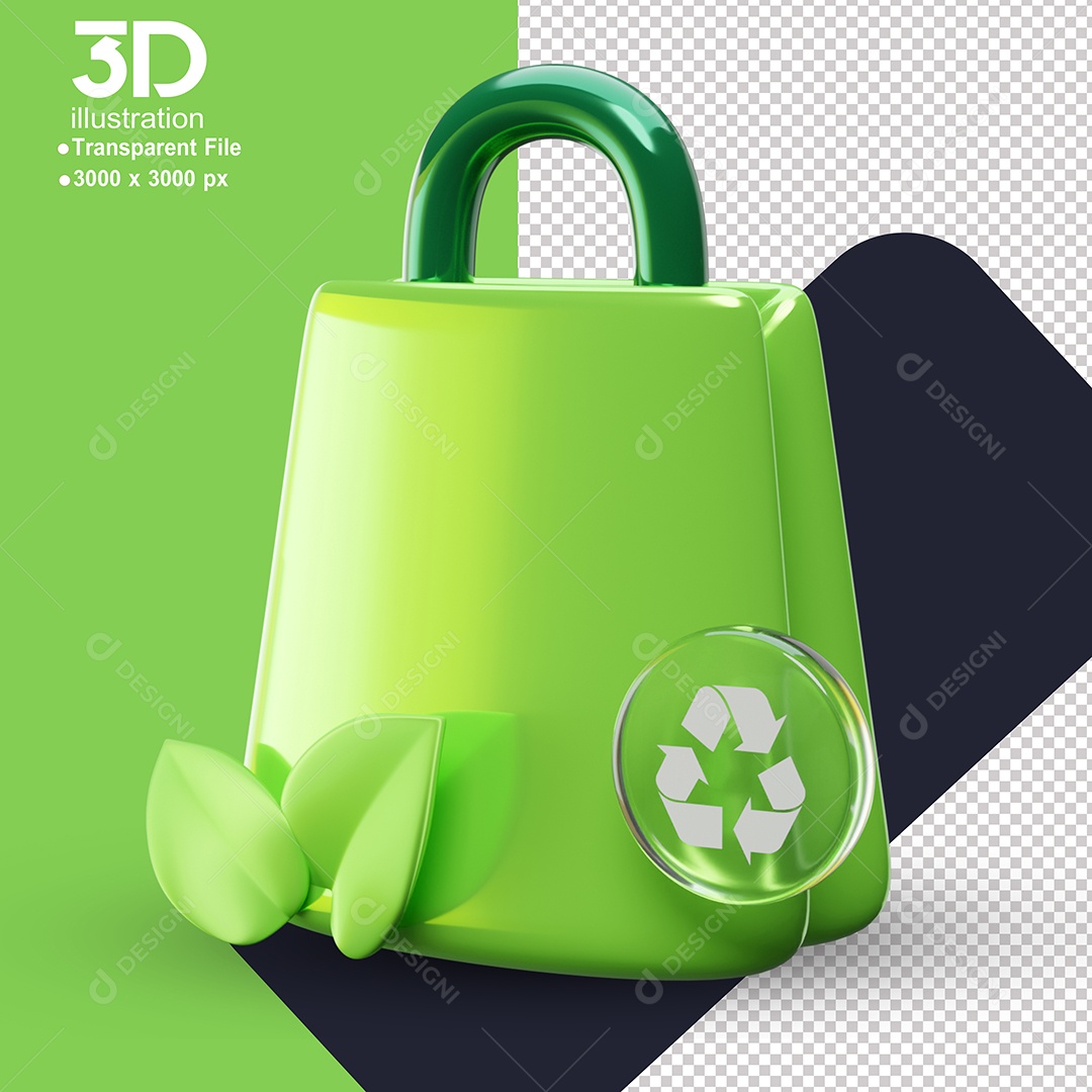 Sacola e Folhas Elemento 3D de Sustentabilidade para Composição PSD