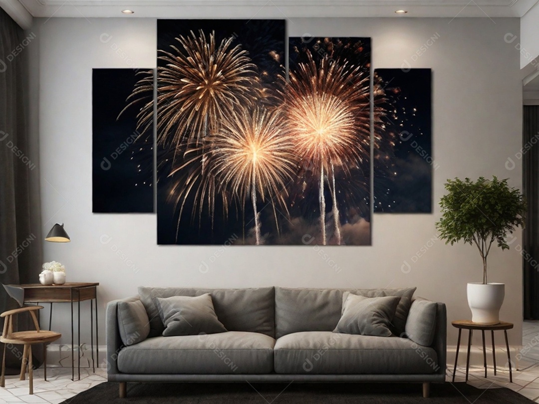 Retrate uma queima de fogos de tirar o fôlego contra um céu escuro como fundo da parede, simbolizando o grande final do ano.