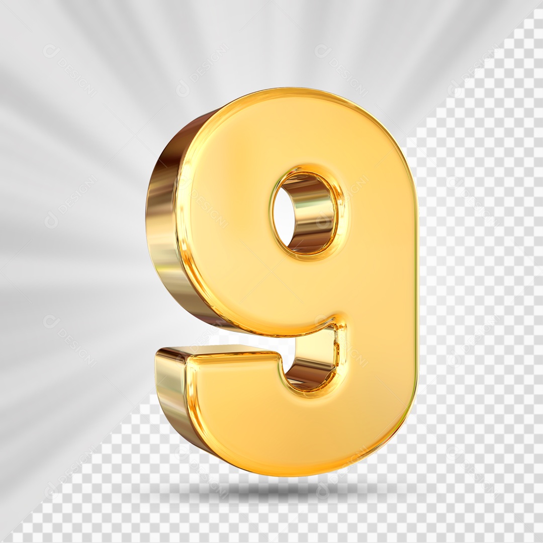Número 3D 9 Nove Dourado Para Composição PSD