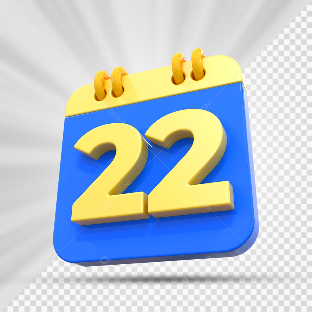 Elemtento 3D Calendário Azul e Dourado Dia 22 Para Composição PSD