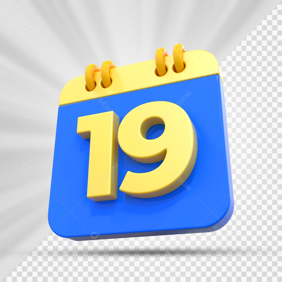 Elemtento 3D Calendário Azul e Dourado Dia 19 Para Composição PSD