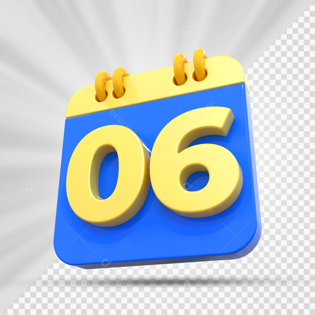 Elemtento 3D Calendário Azul e Dourado Dia 06 Para Composição PSD