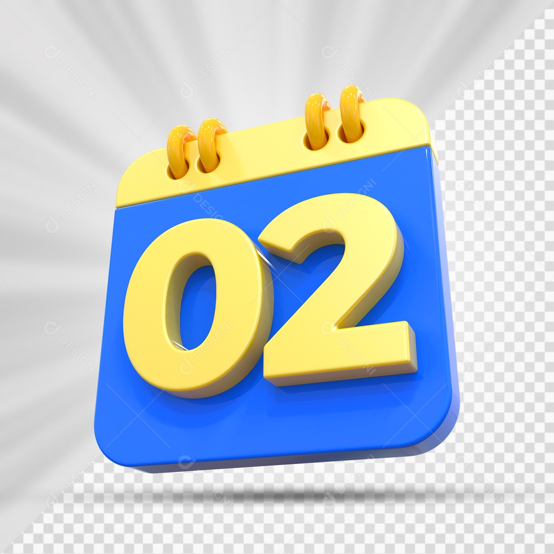 Elemtento 3D Calendário Azul e Dourado Dia 02 Para Composição PSD