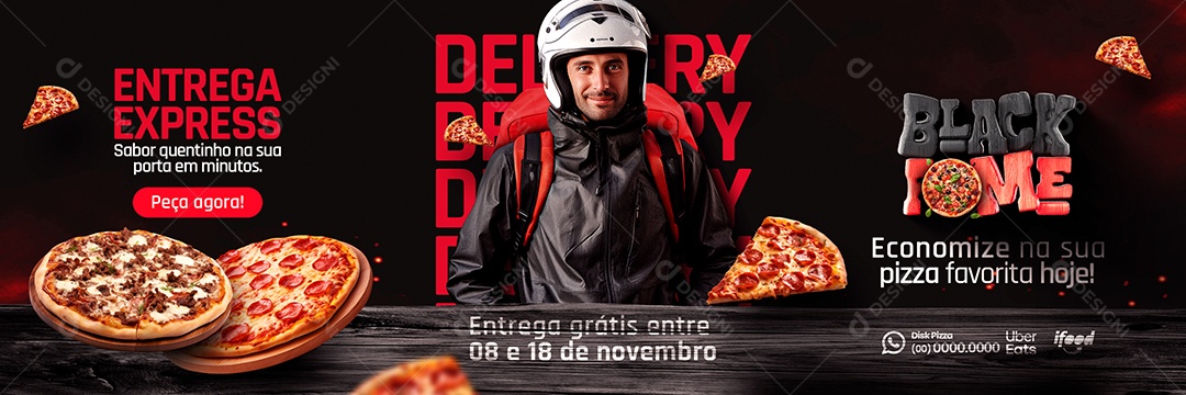 Campanha Publicitaria Black Friday Pizzaria Black Fome Carrossel Entrega Express Social Media PSD Editável