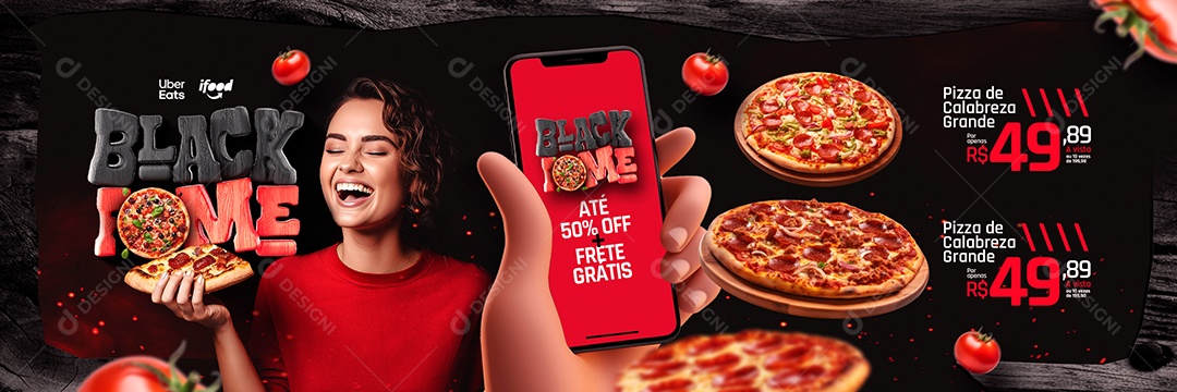 Campanha Publicitaria Black Friday Pizzaria Black Fome Carrossel Até 50% Off Frete Grátis Social Media PSD Editável