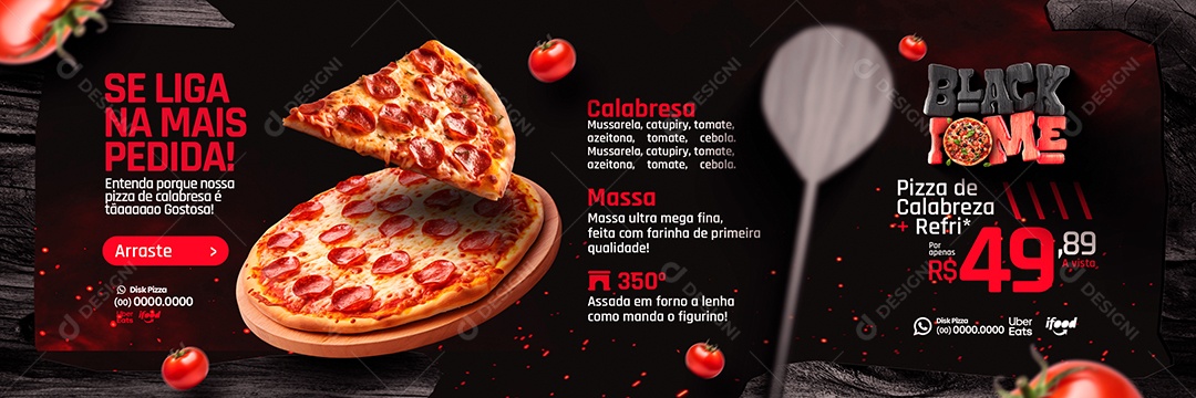 Campanha Publicitaria Black Friday Pizzaria Black Fome Carrossel Pizza de Calabresa Social Media PSD Editável