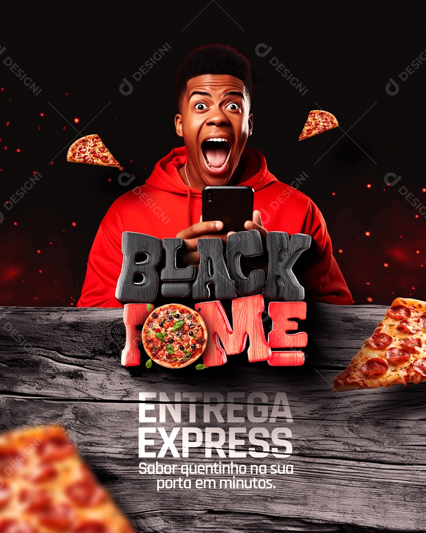 Campanha Publicitaria Flyer Black Friday Pizzaria Black Fome Entrega Express Social Media PSD Editável