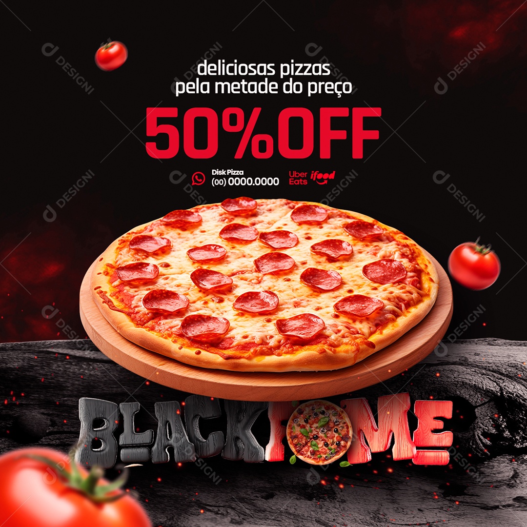 Campanha Publicitaria Black Friday Pizzaria Black Fome Não Percar a Chance 50% Off Social Media PSD Editável