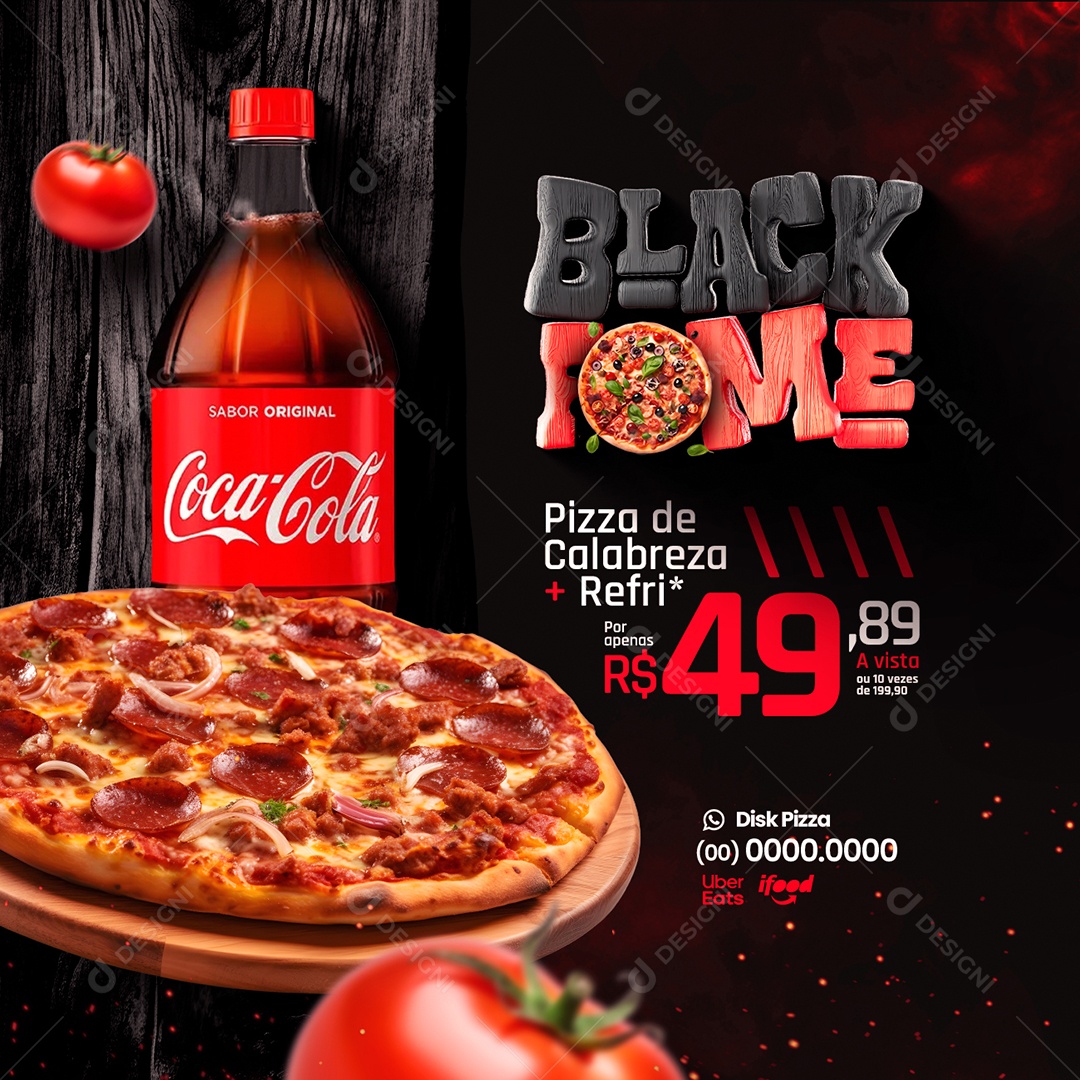 Campanha Publicitaria Black Friday Pizzaria Black Fome Pizza de Calabresa e Refri Social Media PSD Editável