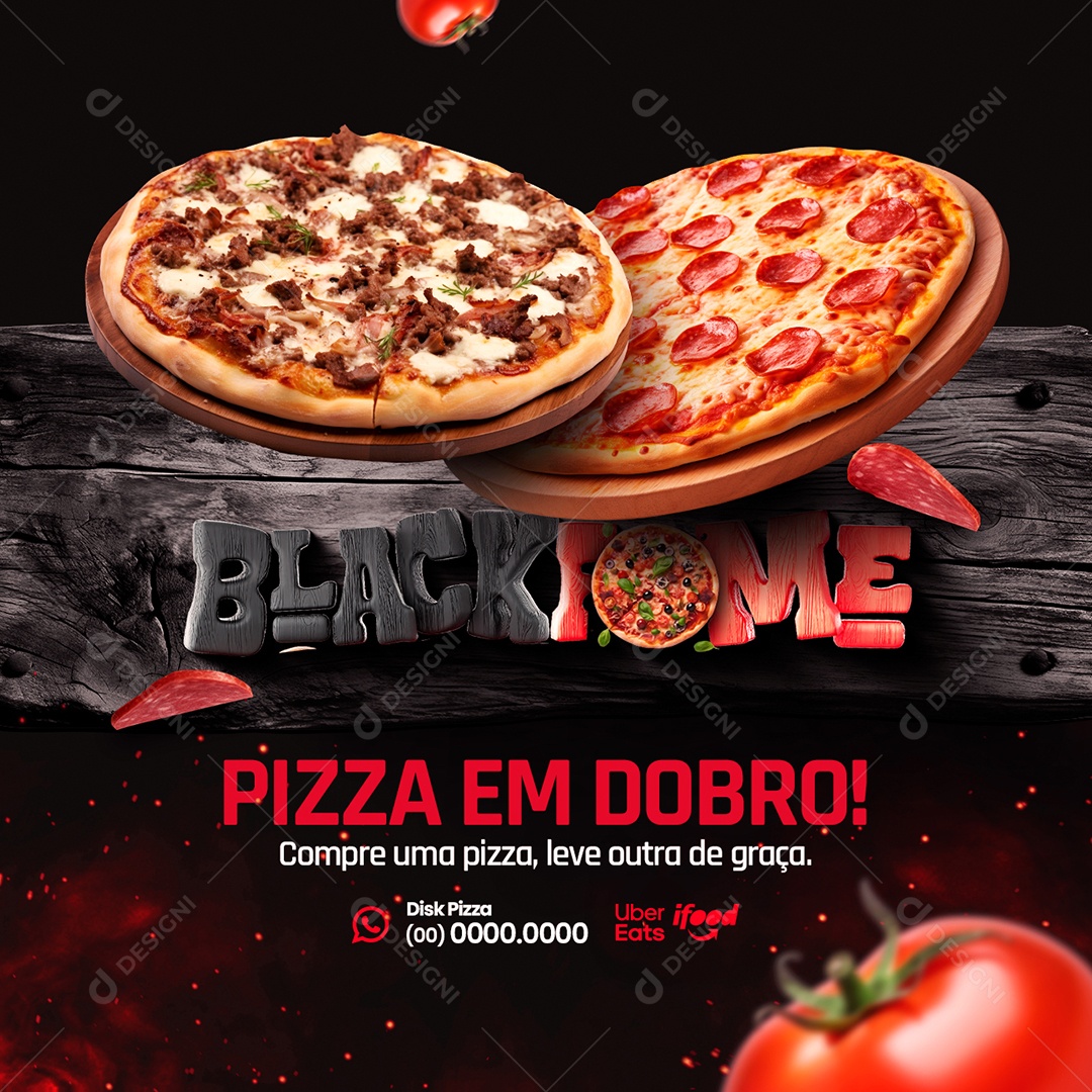 Campanha Publicitaria Black Friday Pizzaria Black Fome Pizza em Dobro Social Media PSD Editável