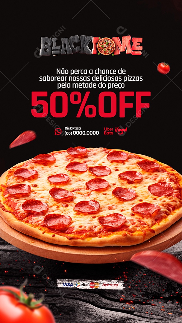 Story Campanha Publicitaria Black Friday Pizzaria Black Fome Não Percar a Chance 50% Off Social Media PSD Editável
