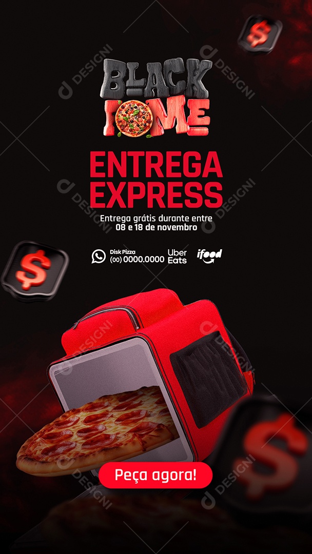 Story Campanha Publicitaria Black Friday Pizzaria Black Fome Entrega Express Social Media PSD Editável