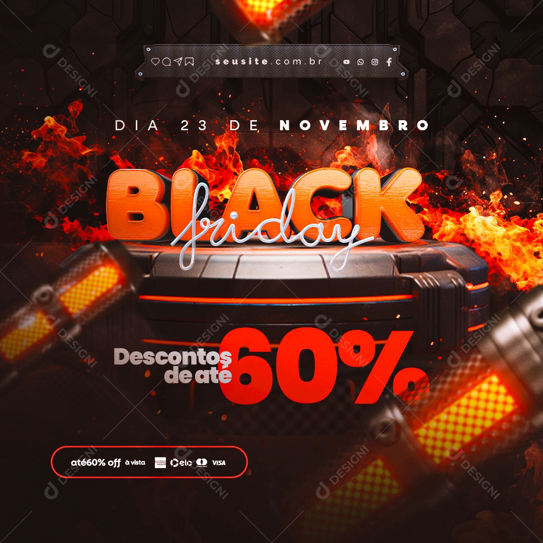Dia 23 de Novembro Black Friday Descontos de Até 60% Lojas Social Media PSD Editável