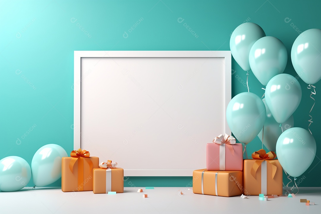 Caixas de presentes e balão com quadro branco