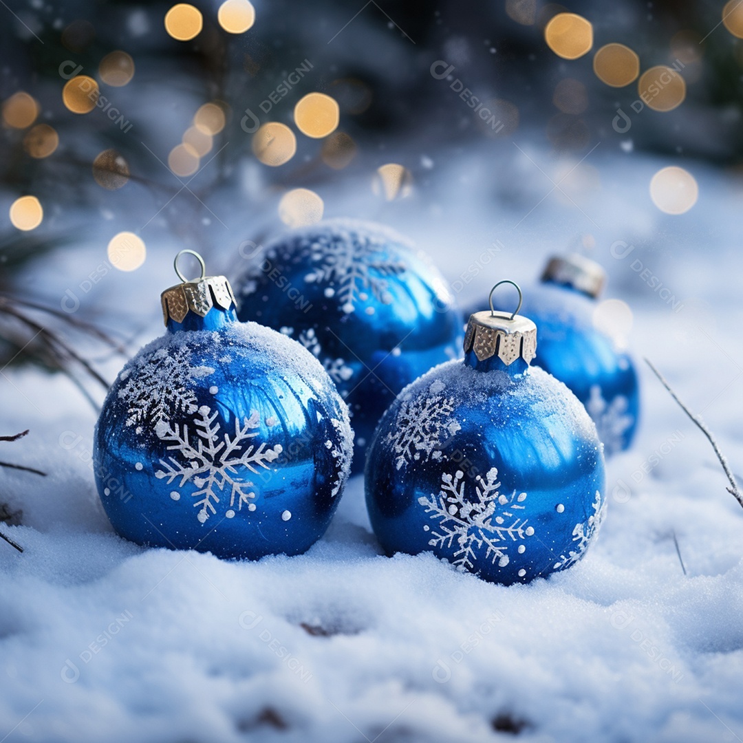 Bolas de natal azuis sobre a neve