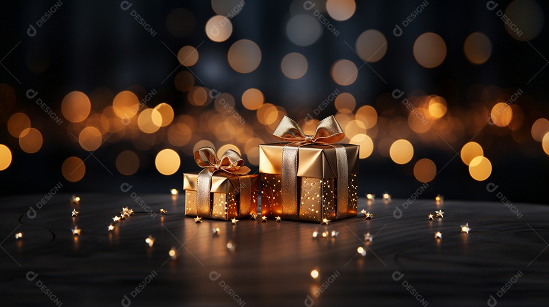 Caixas de presentes dourados sobre fundo colorido