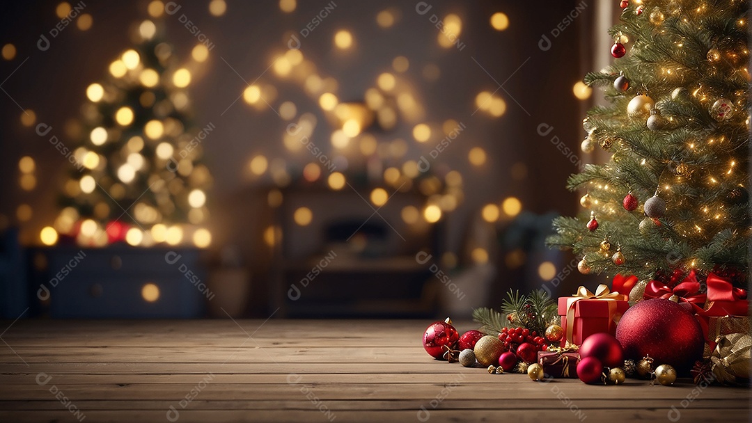 Cenário natalino sobre uma mesa de madeira