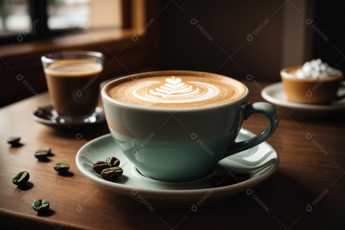 Caneca de café sobre uma mesa de padaria
