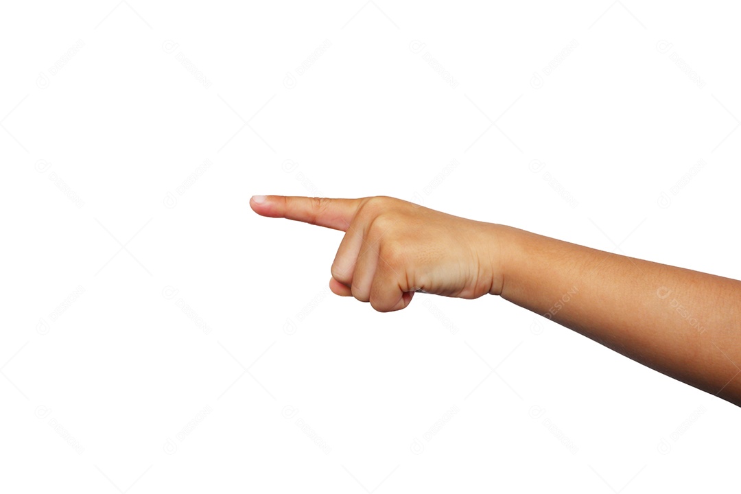Mão apontando para algo sobre fundo branco