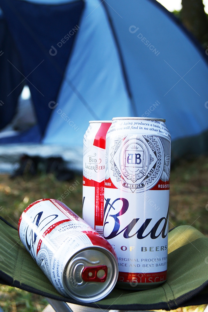 Duasl latas de Budweiser em cima de cadeira com acampamento de fundo