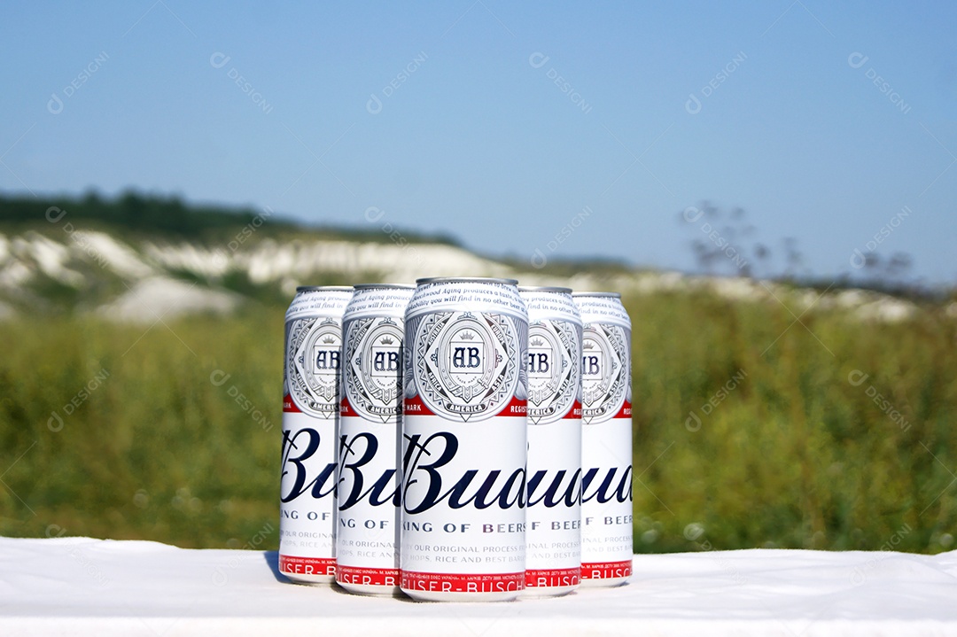 Latas de budweiser juntas no banco sobre fundo de natureza