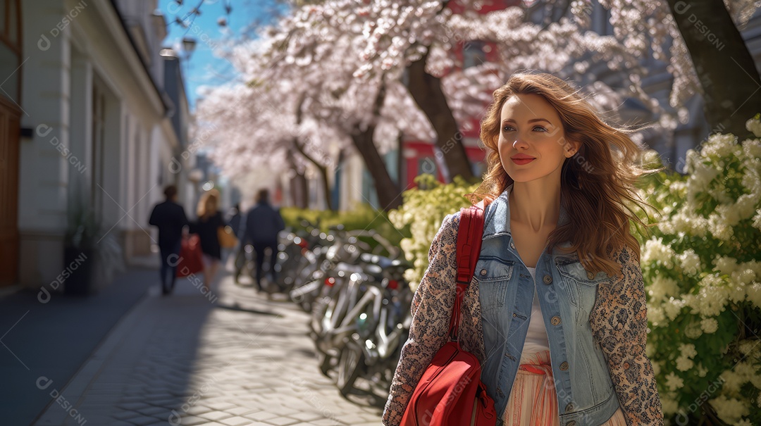 Linda mulher jovem sobre fundo desfocado