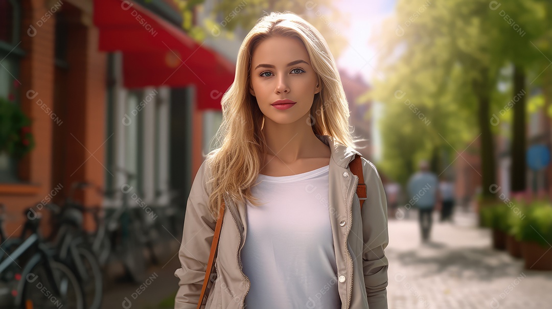 Linda mulher jovem sobre fundo desfocado