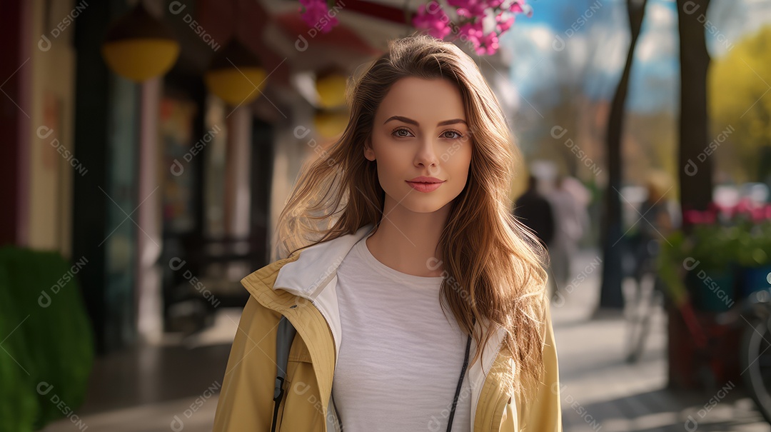 Linda mulher jovem sobre fundo desfocado