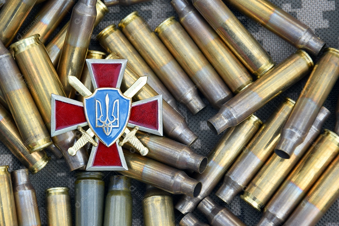 Cartuchos e balas com distintivo das Forças Terrestre