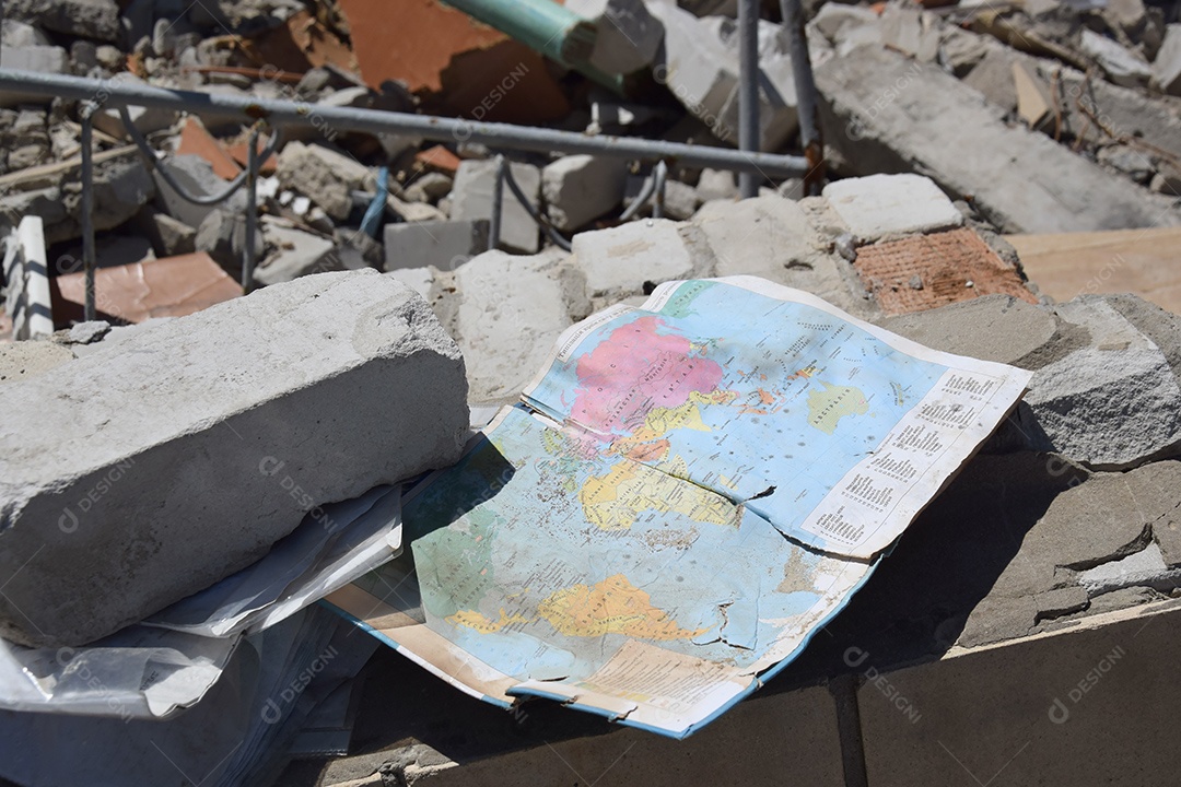 Livro de geografia do 9º ano pano de fundo uma escola bombardeada na cidade de Kharkov