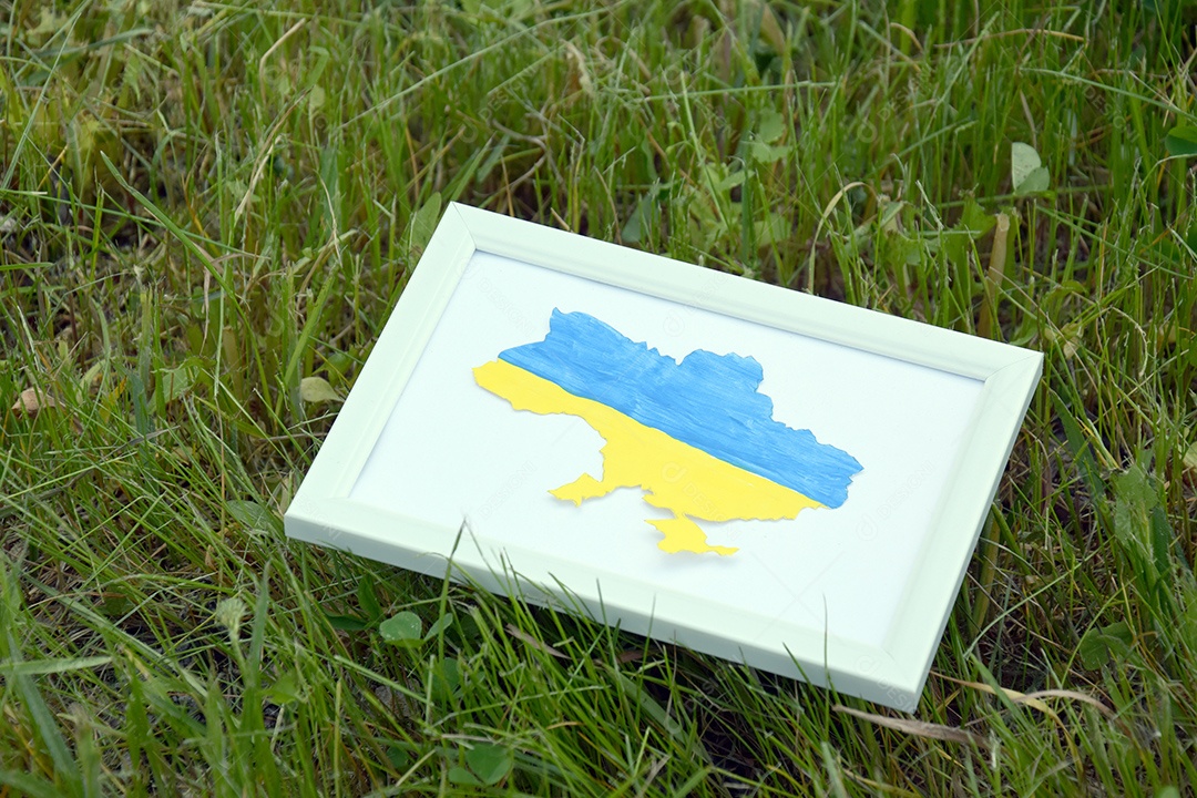Quadro com contorno da ucrânia sobre fundo gramado